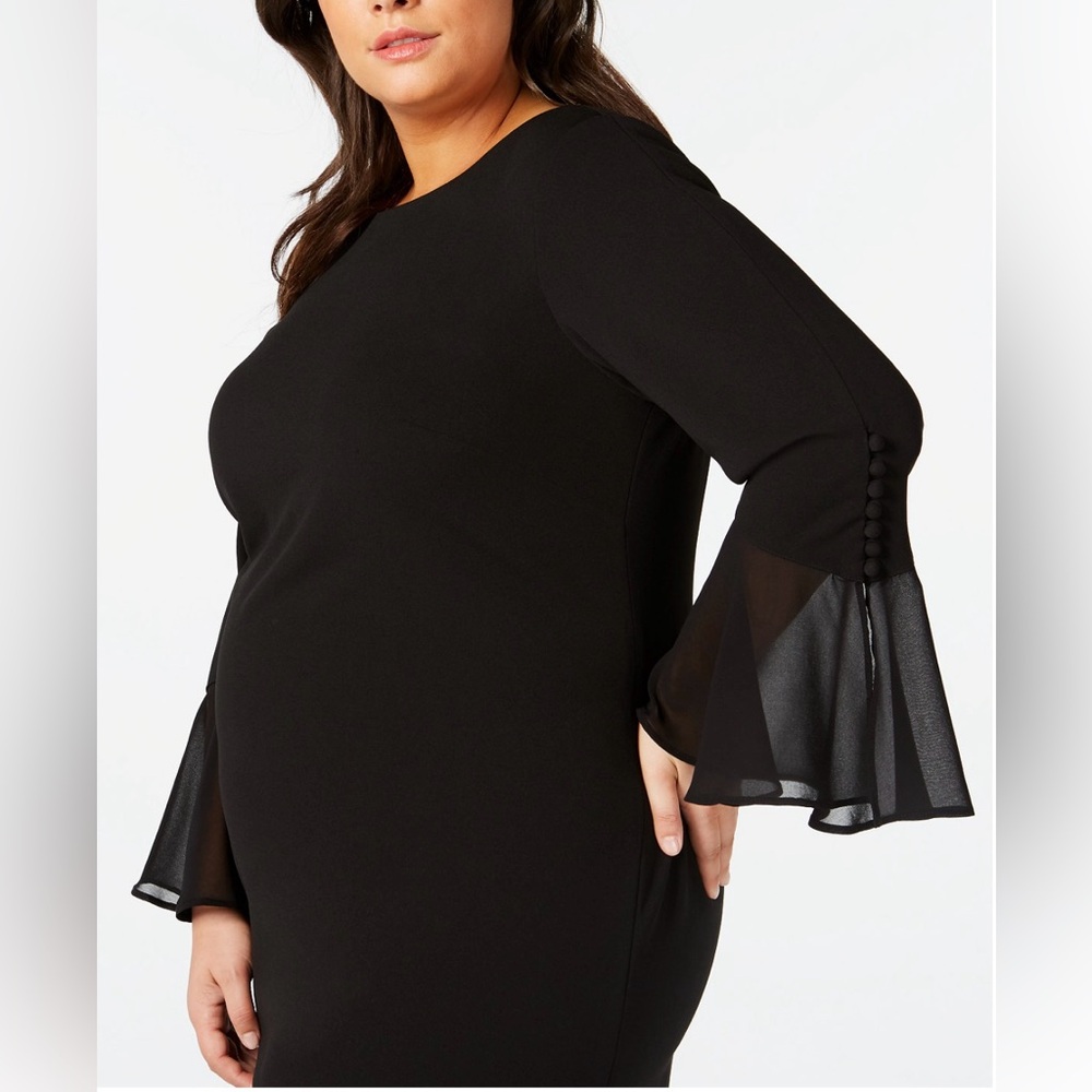 Calvin Klein Women’s Black midi Dress Bell Sleeve Sz 18W Gold Zipper Sheath - Picture 3 of 10